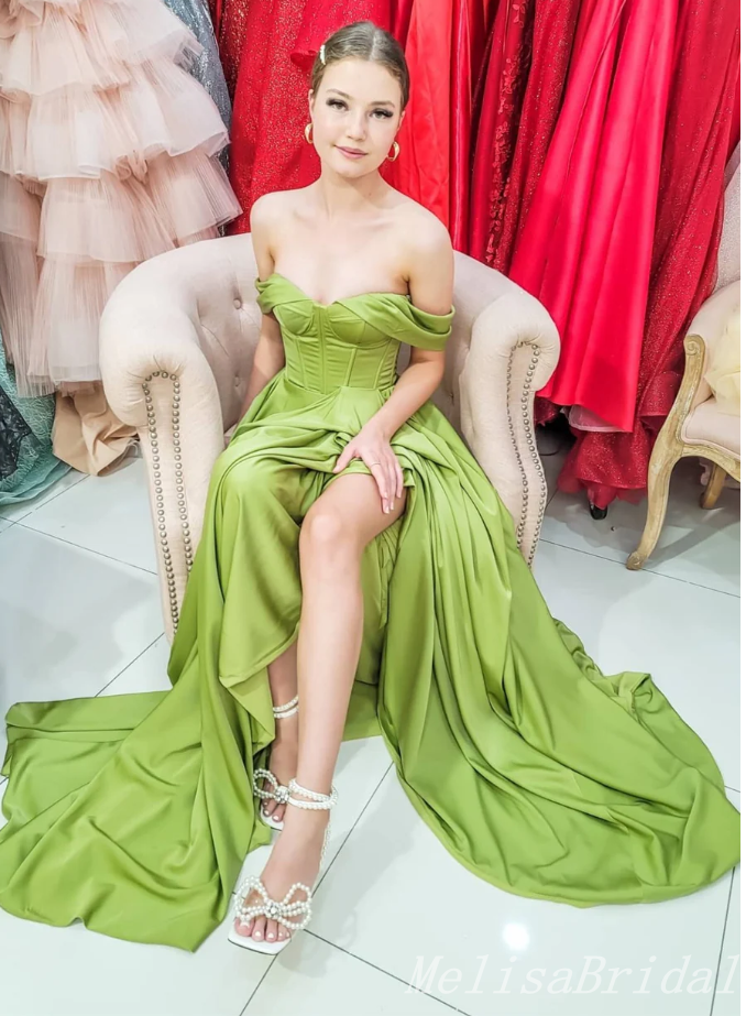 Olive Off-The-Shoulder A-Line Evening Gown Maxi Long Formal Dresses Prom Dresses With High Slit ,MB583