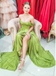 Olive Off-The-Shoulder A-Line Evening Gown Maxi Long Formal Dresses Prom Dresses With High Slit ,MB583