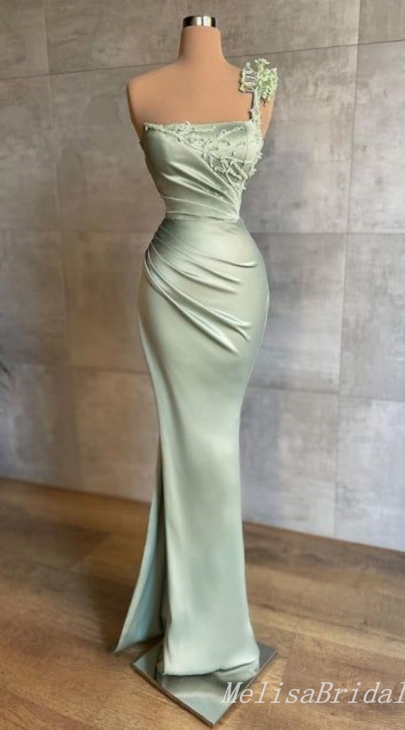 Green One Shoulder Embroidery Mermaid Evening Gown Maxi Long Evening Party Prom Dresses ,MB784