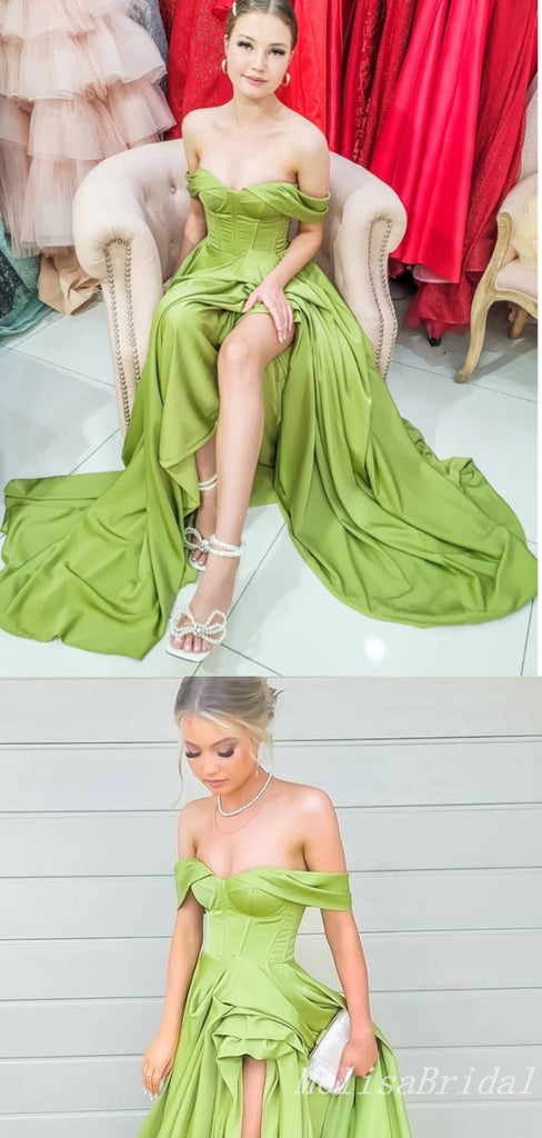 Olive Off-The-Shoulder A-Line Evening Gown Maxi Long Formal Dresses Prom Dresses With High Slit ,MB583