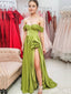Olive Off-The-Shoulder A-Line Evening Gown Maxi Long Formal Dresses Prom Dresses With High Slit ,MB583