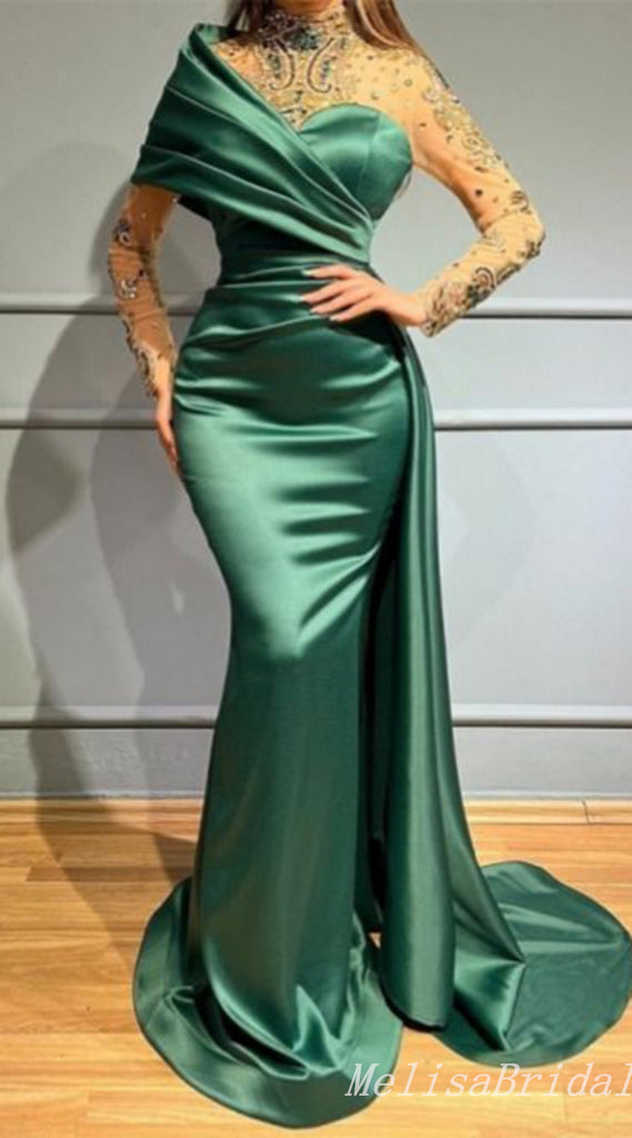 Green Illusion Beaded Long Sleeves Mermaid Evening Gown Maxi Long Evening Party Prom Dresses ,MB785