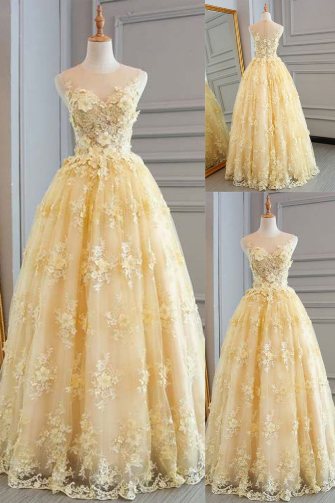 Light Yellow Illusion Lace Appliques A-line Evening Gown Maxi Long Evening Party Prom Dresses,MB713