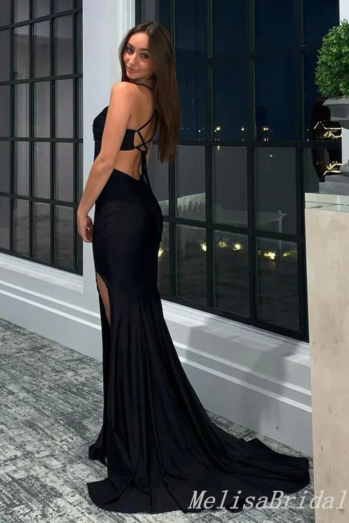Black Spaghetti Straps Sweetheart Criss Cross Mermaid Evening Gown Maxi Long Evening Party Prom Dresses With Side Slit,MB642