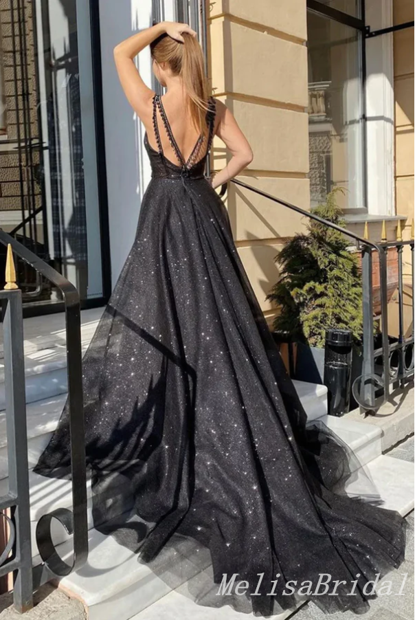 Sexy Open Back A-line Black Tulle Front Slit Open Back Evening Gown Long Formal Dresses Prom Dresses,MB360