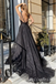 Sexy Open Back A-line Black Tulle Front Slit Open Back Evening Gown Long Formal Dresses Prom Dresses,MB360