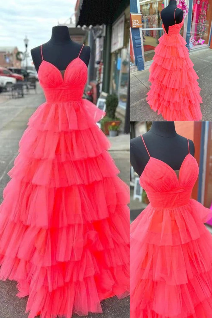 Spaghetti Straps Sweetheart Layer A-line Evening Gown Maxi Long Evening Party Prom Dresses,MB714