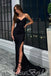 Black Spaghetti Straps Sweetheart Criss Cross Mermaid Evening Gown Maxi Long Evening Party Prom Dresses With Side Slit,MB642