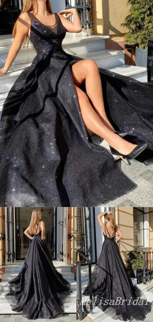 Sexy Open Back A-line Black Tulle Front Slit Open Back Evening Gown Long Formal Dresses Prom Dresses,MB360