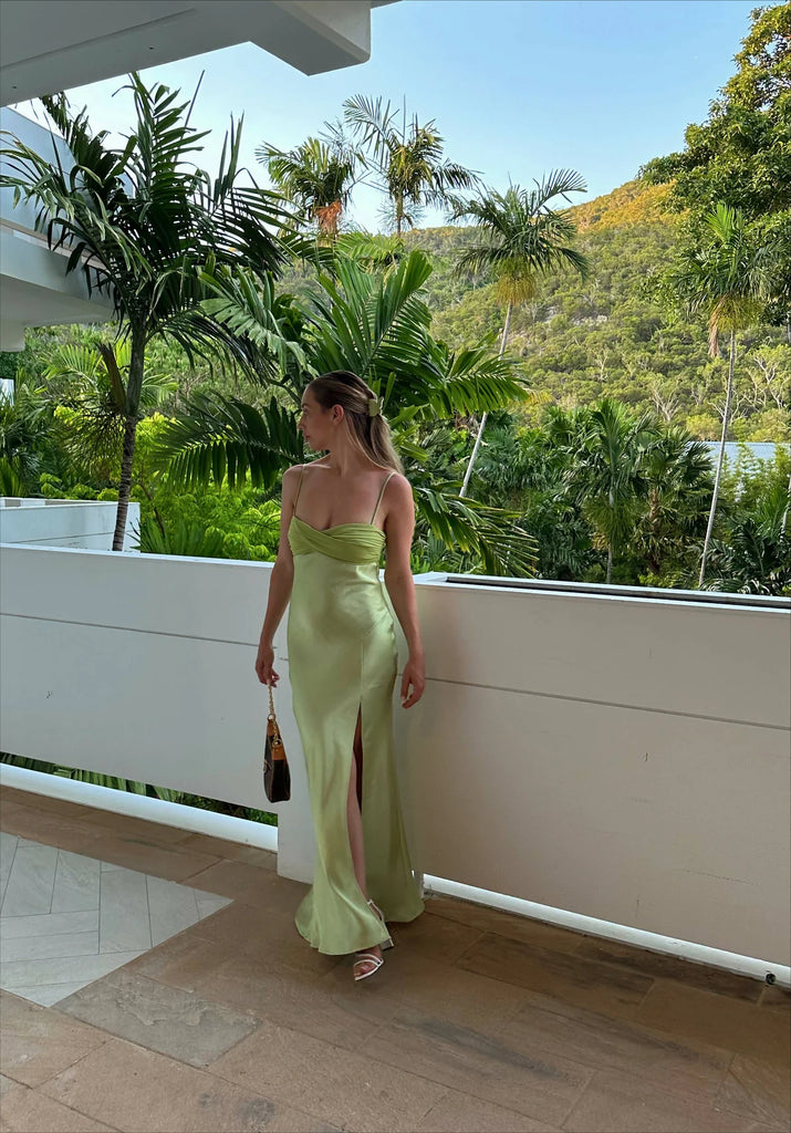 Elegant Light Green Spaghetti Strap Mermaid Side Slit Sleeveless Evening Prom Dresses,MB133