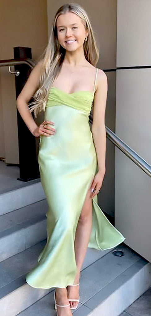 Elegant Light Green Spaghetti Strap Mermaid Side Slit Sleeveless Evening Prom Dresses,MB133