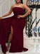 Burgundy Strapless Mermaid Evening Gown Maxi Long Evening Party Prom Dresses with Slit ,MB786