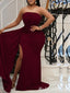 Burgundy Strapless Mermaid Evening Gown Maxi Long Evening Party Prom Dresses with Slit ,MB786