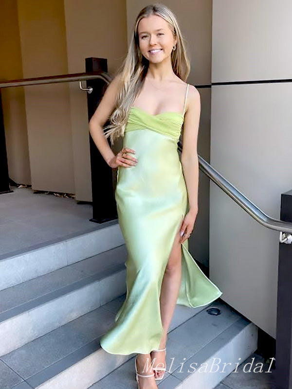 Elegant Light Green Spaghetti Strap Mermaid Side Slit Sleeveless Evening Prom Dresses,MB133