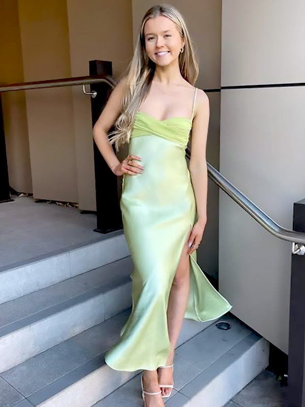 Elegant Light Green Spaghetti Strap Mermaid Side Slit Sleeveless Evening Prom Dresses,MB133