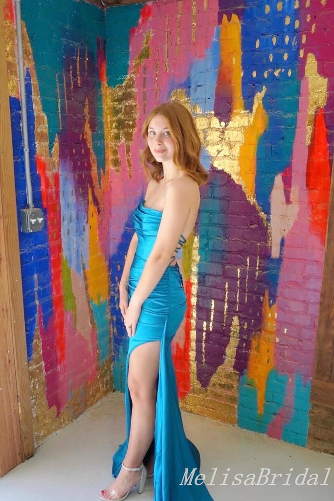 Blue Mermaid Strapless Lace Up Back Evening Gown Maxi Long Formal Dresses Prom Dresses With Side Slit ,MB558