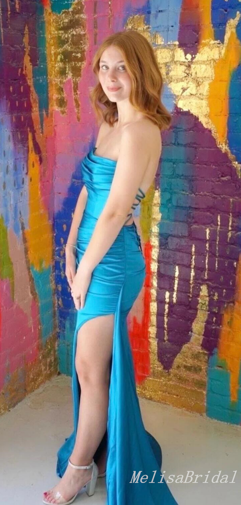 Blue Mermaid Strapless Lace Up Back Evening Gown Maxi Long Formal Dresses Prom Dresses With Side Slit ,MB558