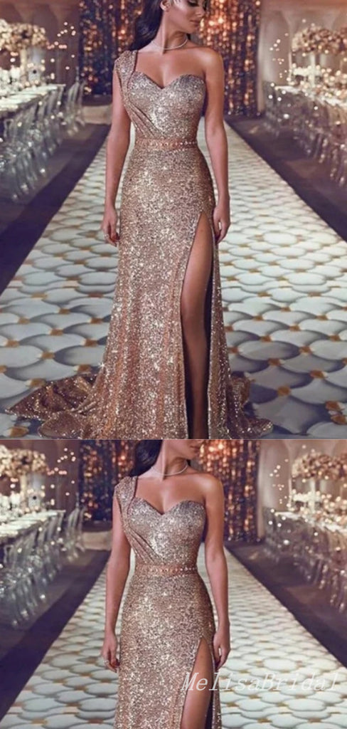 Sparkle One Shoulder High Slit Sheer Corset Bodice Sweetheart Mermaid High Slit Evening Gown Long Formal Dresses Prom Dresses ,MB362