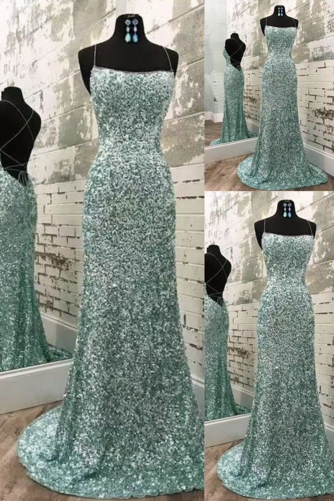 Sparkle Green Spaghetti Straps Lace Up Back Mermaid Evening Gown Maxi Long Evening Party Prom Dresses ,MB717