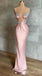 Spaghetti Straps Plunging Light Pink Beaded Mermaid Evening Gown Maxi Long Evening Party Prom Dresses,MB789