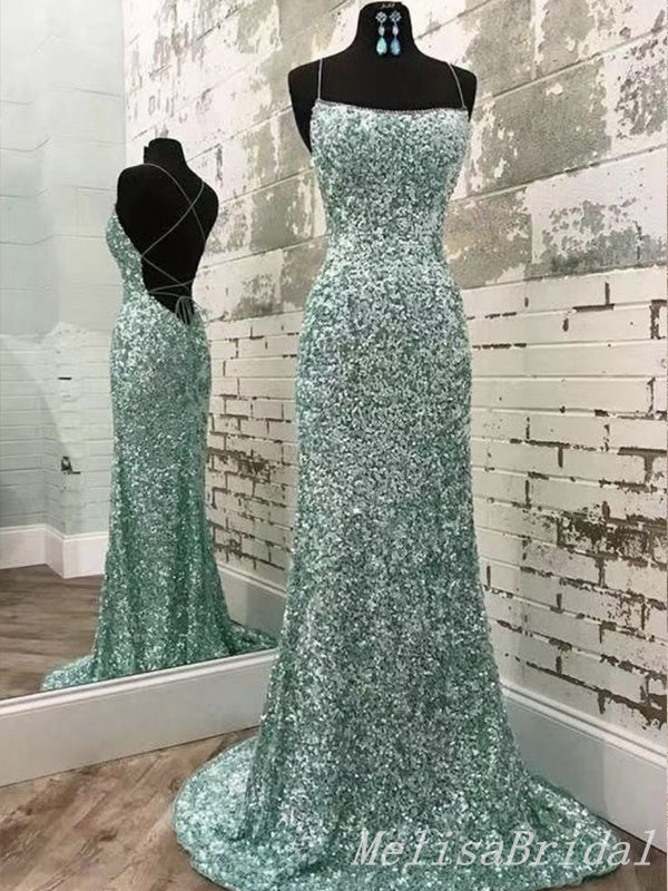 Sparkle Green Spaghetti Straps Lace Up Back Mermaid Evening Gown Maxi Long Evening Party Prom Dresses ,MB717