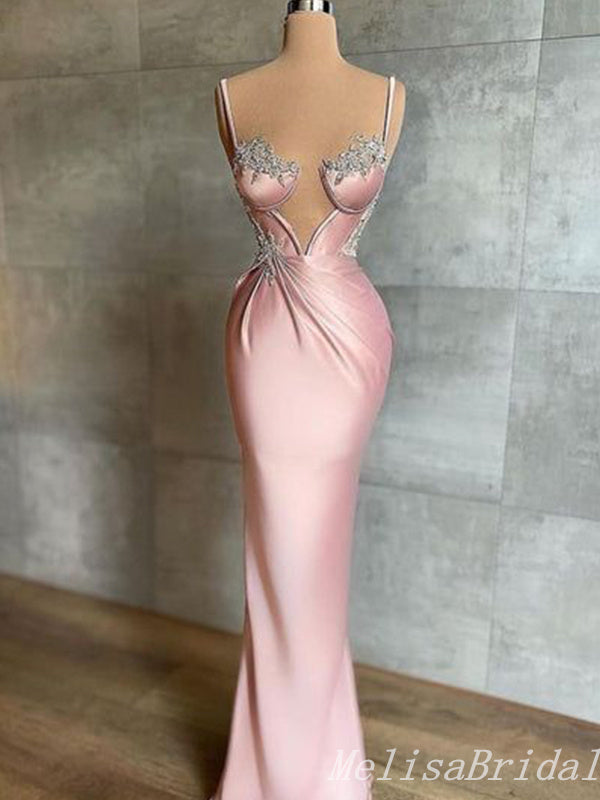 Spaghetti Straps Plunging Light Pink Beaded Mermaid Evening Gown Maxi Long Evening Party Prom Dresses,MB789