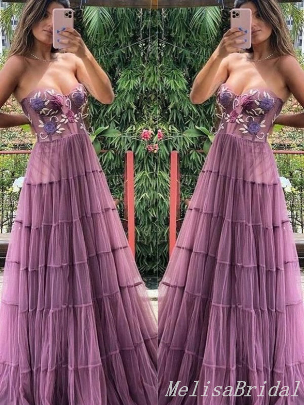 Grape A-Line Floral Appliques Sweetheart Strapless Evening Gown Maxi Long Evening Party Prom Dresses,MB588