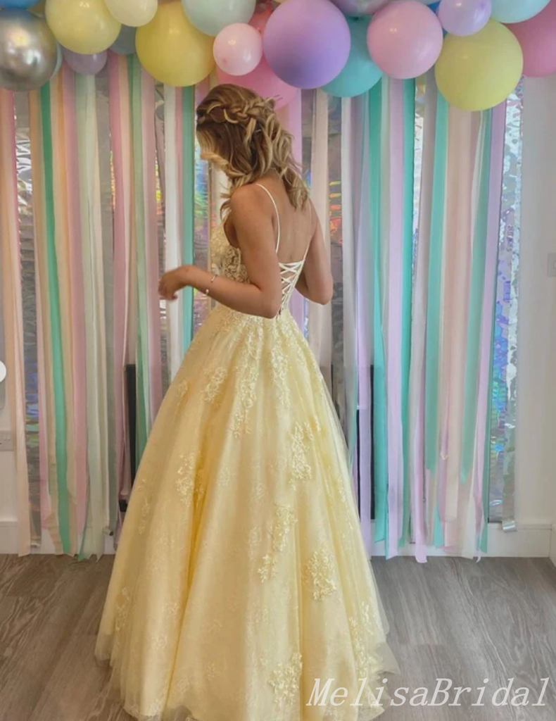 Elegant Spaghetti Straps Lace up Back Lace Appliques Tulle Evening Gown Long Prom Dresses  ,MB246