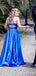 Spaghetti Straps Blue A-Line Straight Neck Evening Gown Maxi Long Evening Party Prom Dresses With Slit,MB620
