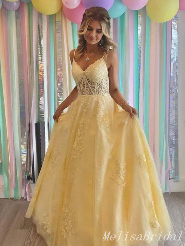 Elegant Spaghetti Straps Lace up Back Lace Appliques Tulle Evening Gown Long Prom Dresses  ,MB246