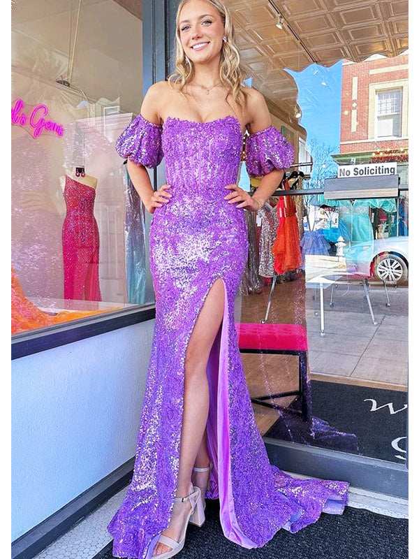 Sparkly Purple Off Shoulder Side Slit Mermaid Long Evening Prom Dresses,MB108