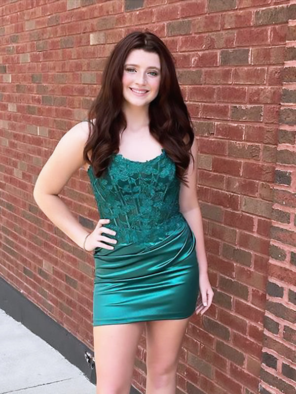 Elegant Green Spaghetti Straps Lace Appliques Simple Cheap Short Homecoming Dresses, HD187