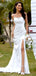 Elegant White Strapless Simple Spaghetti Strap Side Slit Evening Prom Dresses,MB83