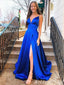 Royal Blue V Neck A-Line Evening Gown Maxi Long Evening Party Prom Dresses With Slit ,MB623