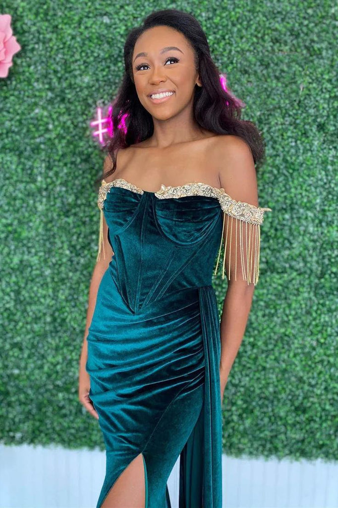 Velvet Off Shoulder Sweetheart Beaded Mermaid Evening Gown Maxi Long Evening Party Prom Dresses,MB701