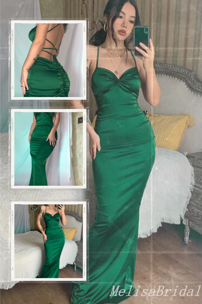 Emerald Green Mermaid Spaghetti Straps Lace Up Back Evening Gown Maxi Long Evening Party Prom Dresses ,MB602