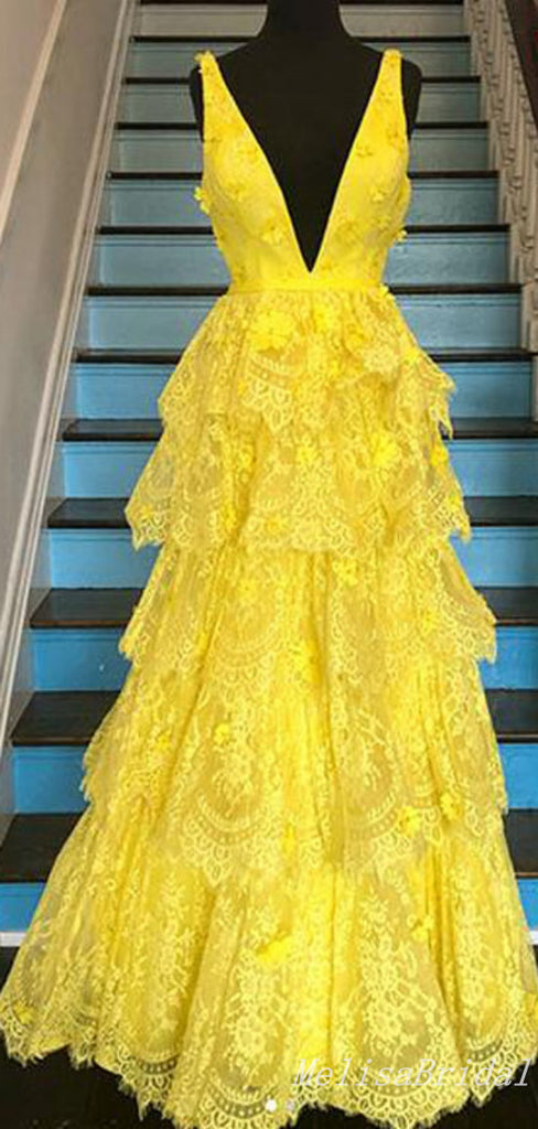 Yellow A-Line Deep V-Neck Lace Appliques Evening Gown Maxi Long Formal Dresses Prom Dresses,MB574