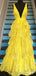 Yellow A-Line Deep V-Neck Lace Appliques Evening Gown Maxi Long Formal Dresses Prom Dresses,MB574