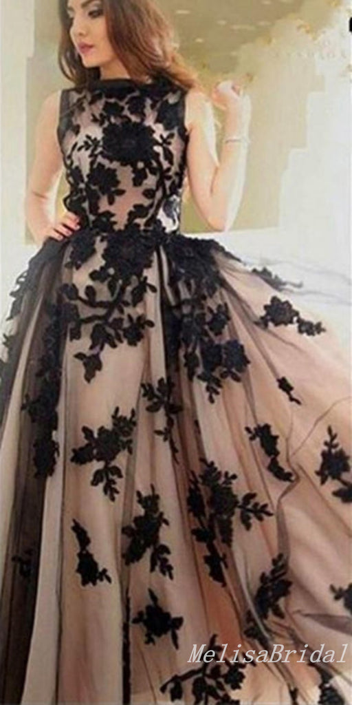 A-line Black Appliques Halter Evening Gown Maxi Long Evening Party Prom Dresses,MB807