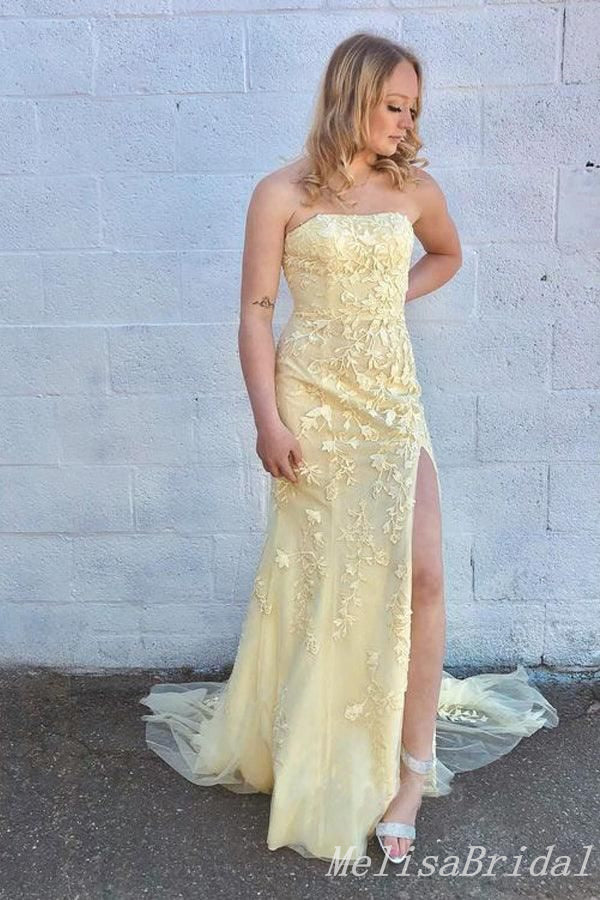 Light Yellow Sheath Straight Neck Leaf Appliques Strapless Evening Gown Maxi Long Evening Party Prom Dresses With Side Slit  ,MB590