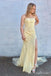 Light Yellow Sheath Straight Neck Leaf Appliques Strapless Evening Gown Maxi Long Evening Party Prom Dresses With Side Slit  ,MB590