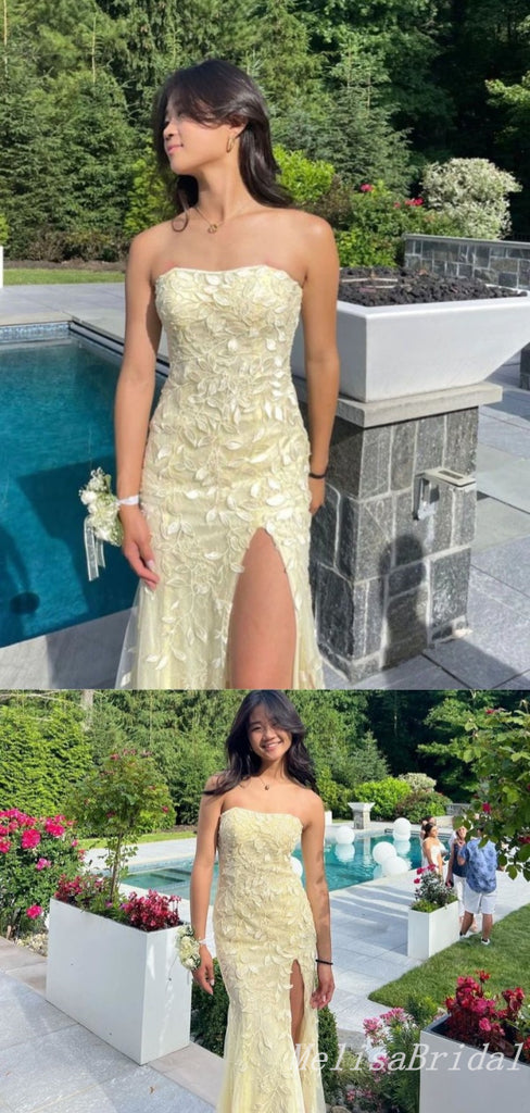 Light Yellow Sheath Straight Neck Leaf Appliques Strapless Evening Gown Maxi Long Evening Party Prom Dresses With Side Slit  ,MB590