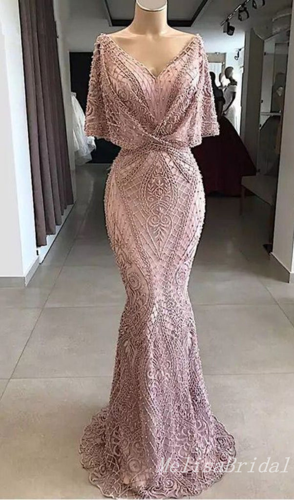 Pink V Neck Mermaid Evening Gown Long Evening Party Prom Dresses,MB825