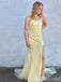 Light Yellow Sheath Straight Neck Leaf Appliques Strapless Evening Gown Maxi Long Evening Party Prom Dresses With Side Slit  ,MB590