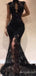 Black Mermaid High Neck Plunging Lace Appliques Sleeveless Evening Gown Maxi Long Evening Party Prom Dresses With Front Slit,MB591