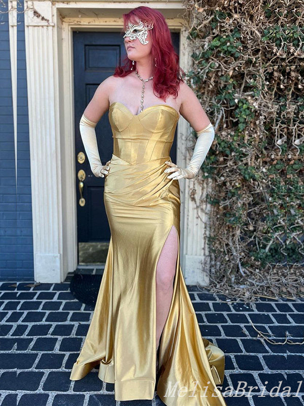 Gold Mermaid Sweetheart Evening Gown Maxi Long Evening Party Prom Dresses With Side Slit,MB647