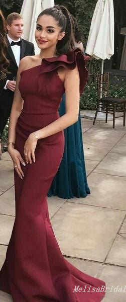 Gorgeous Elegant Burgundy One Shoulder Mermaid Evening Gown Maxi Long Formal Dresses Prom Dresses With Ruffles ,MB495