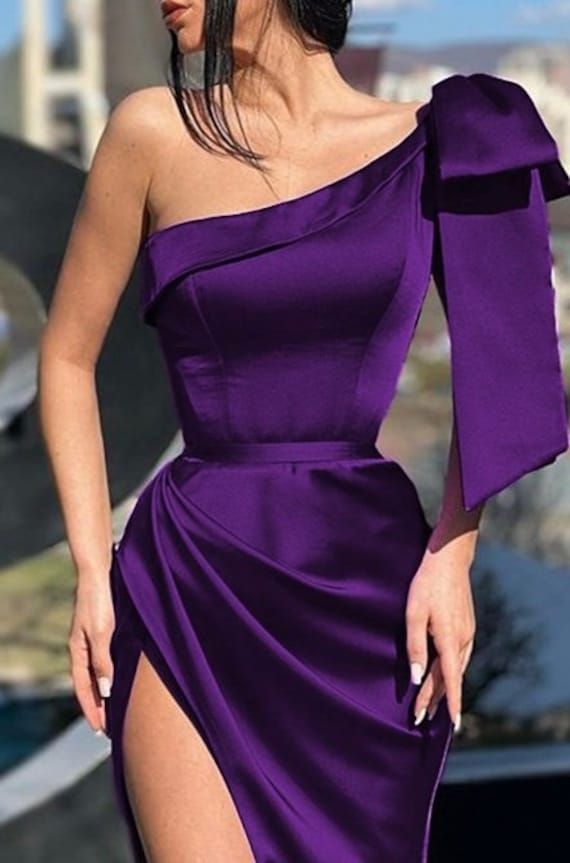 Purple Mermaid One Shoulder Bow Knot Evening Gown Maxi Long Evening Party Prom Dresses with Side Slit,MB719