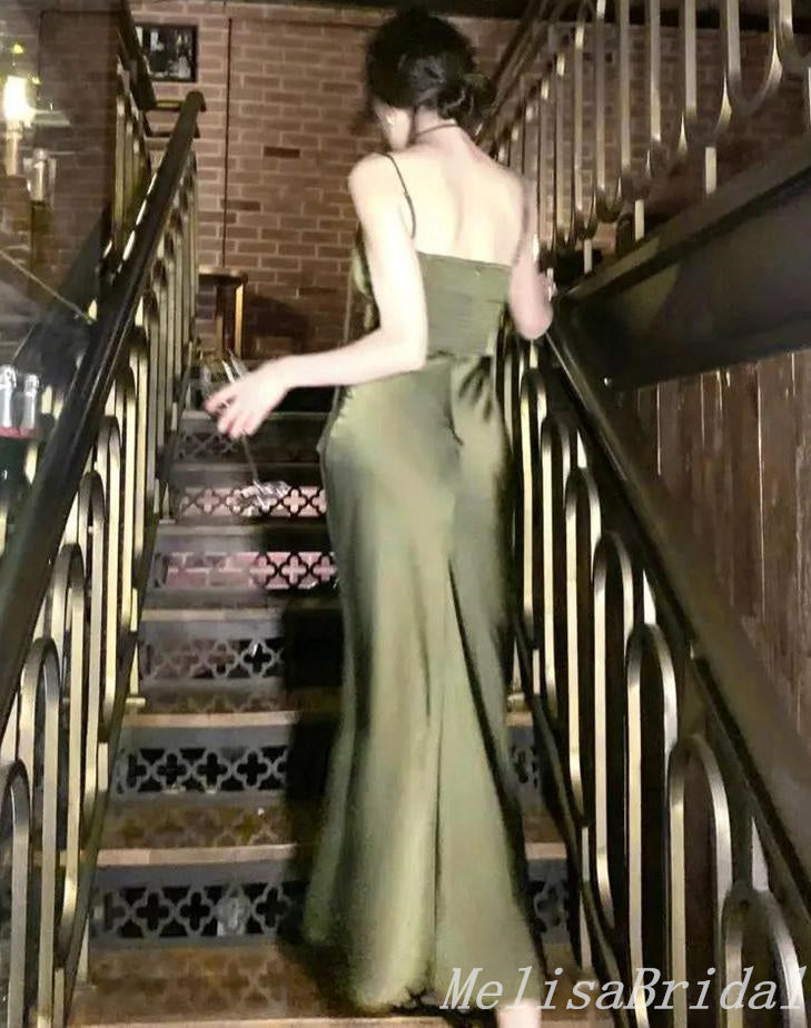 Olive Spaghetti Straps Sweetheart Mermaid Evening Gown Maxi Long Evening Party Prom Dresses ,MB592
