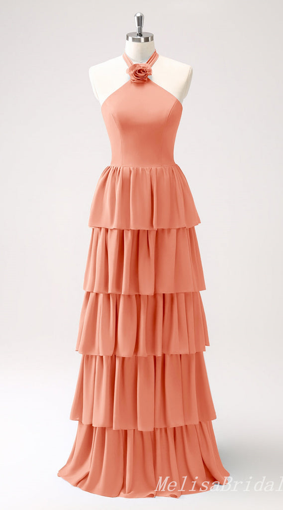 Orange Layer A-line Halter Evening Gown Maxi Long Evening Party Prom Dresses,MB793